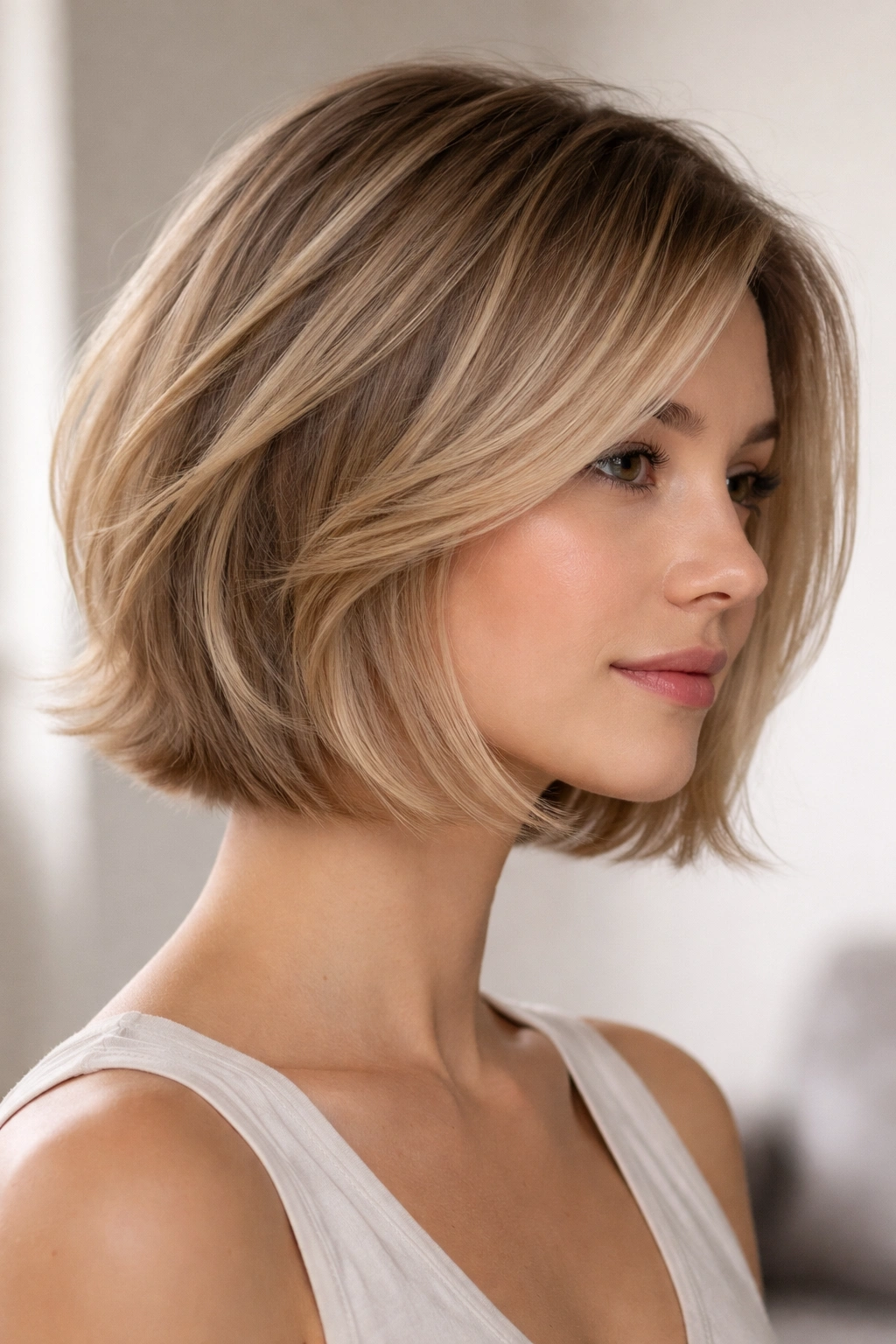 Three-quarter view of soft layered chin bob with airy ends and hidden internal layers