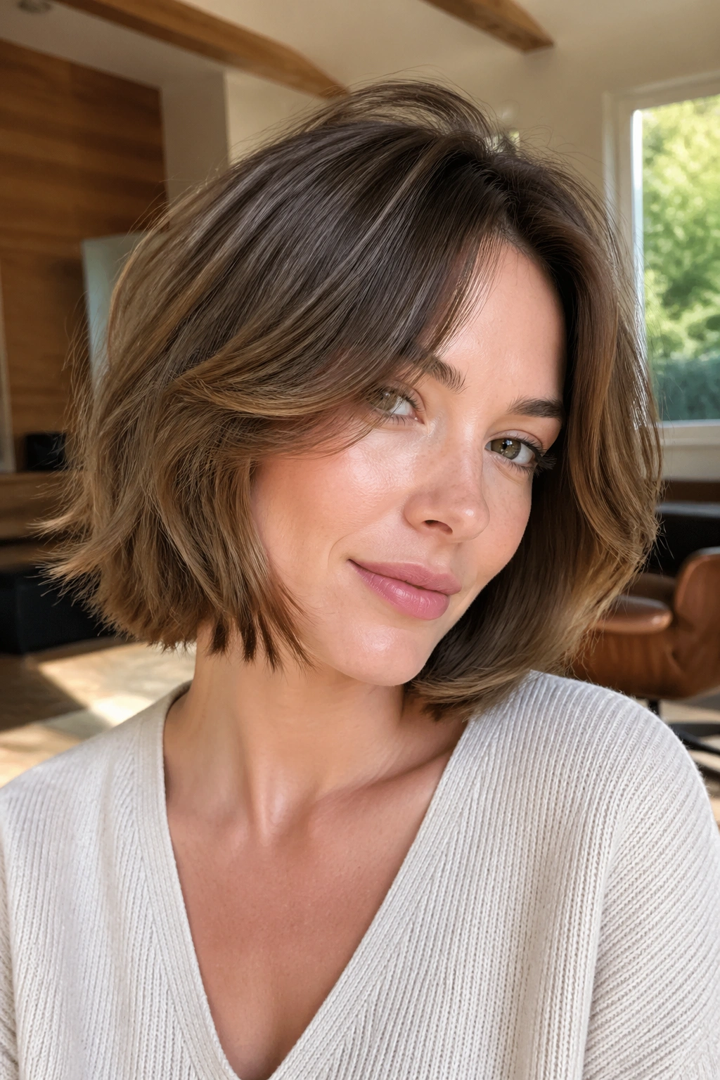 Close-up portrait of a real person with a soft layered bob showing gentle movement
