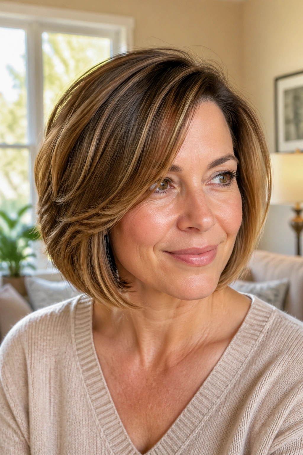 Real woman with soft layered bob moving naturally in warm daylight