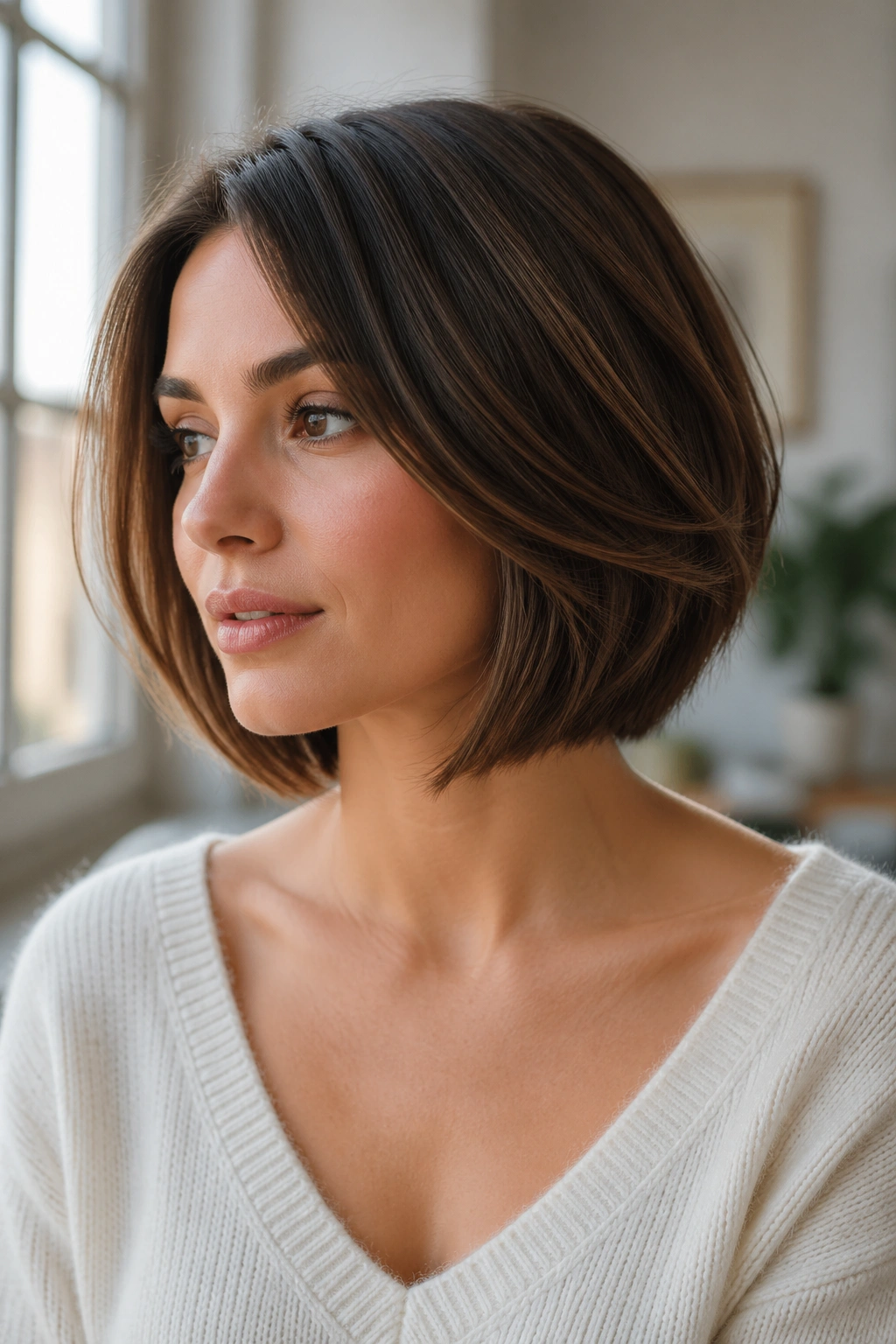 Close-up portrait of a woman with a softly layered bob showing subtle internal layers