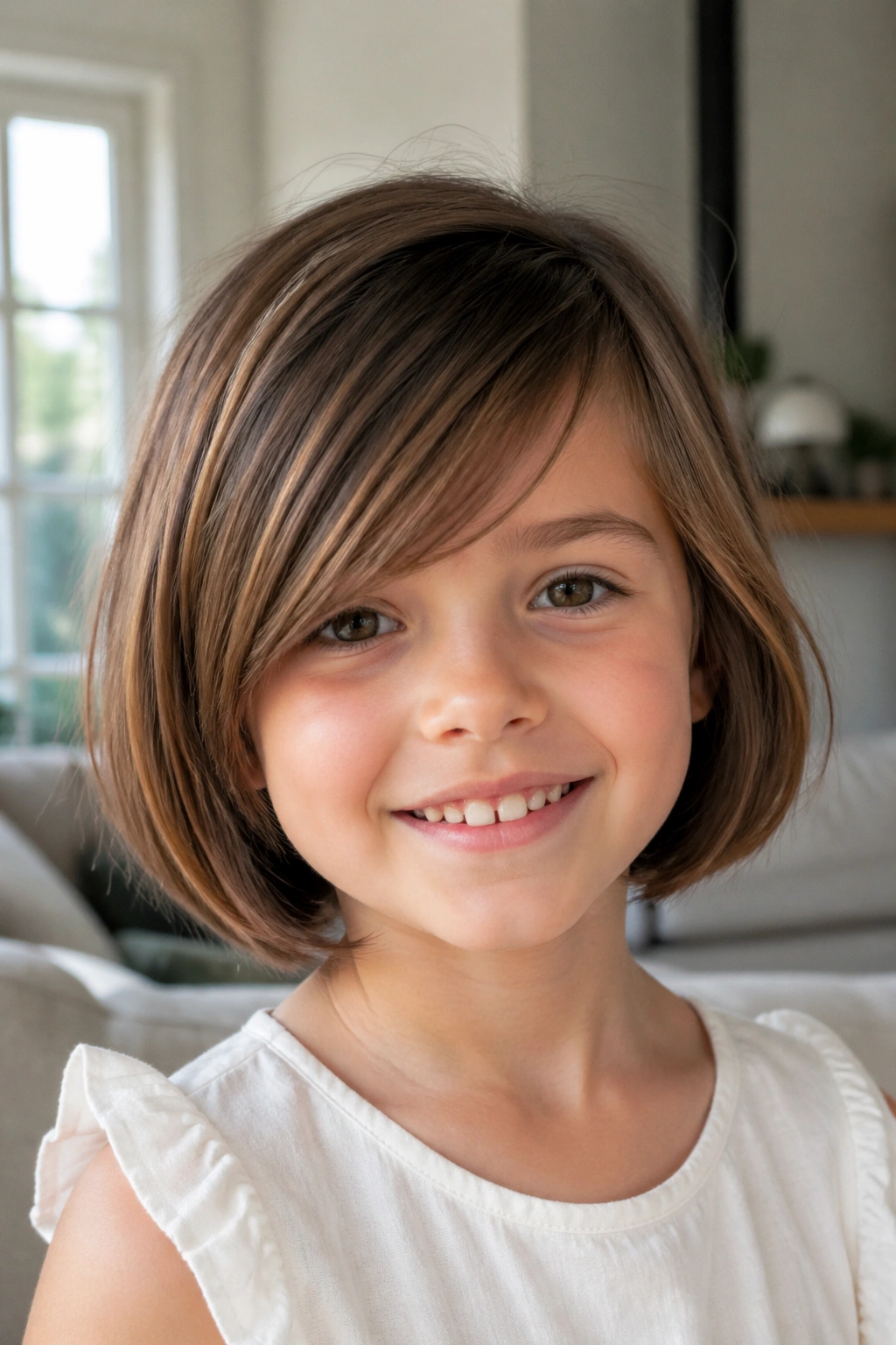 Portrait of a real child girl with a soft layered bob and side-swept fringe in a sunlit living room.
