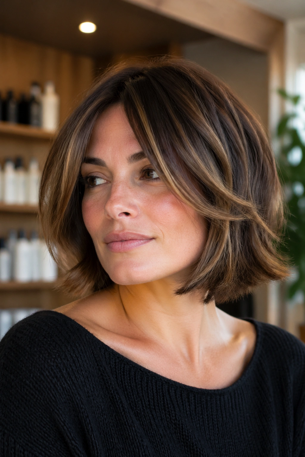 Close-up portrait of a real woman with a chin-length soft layered bob, movement in the layers.