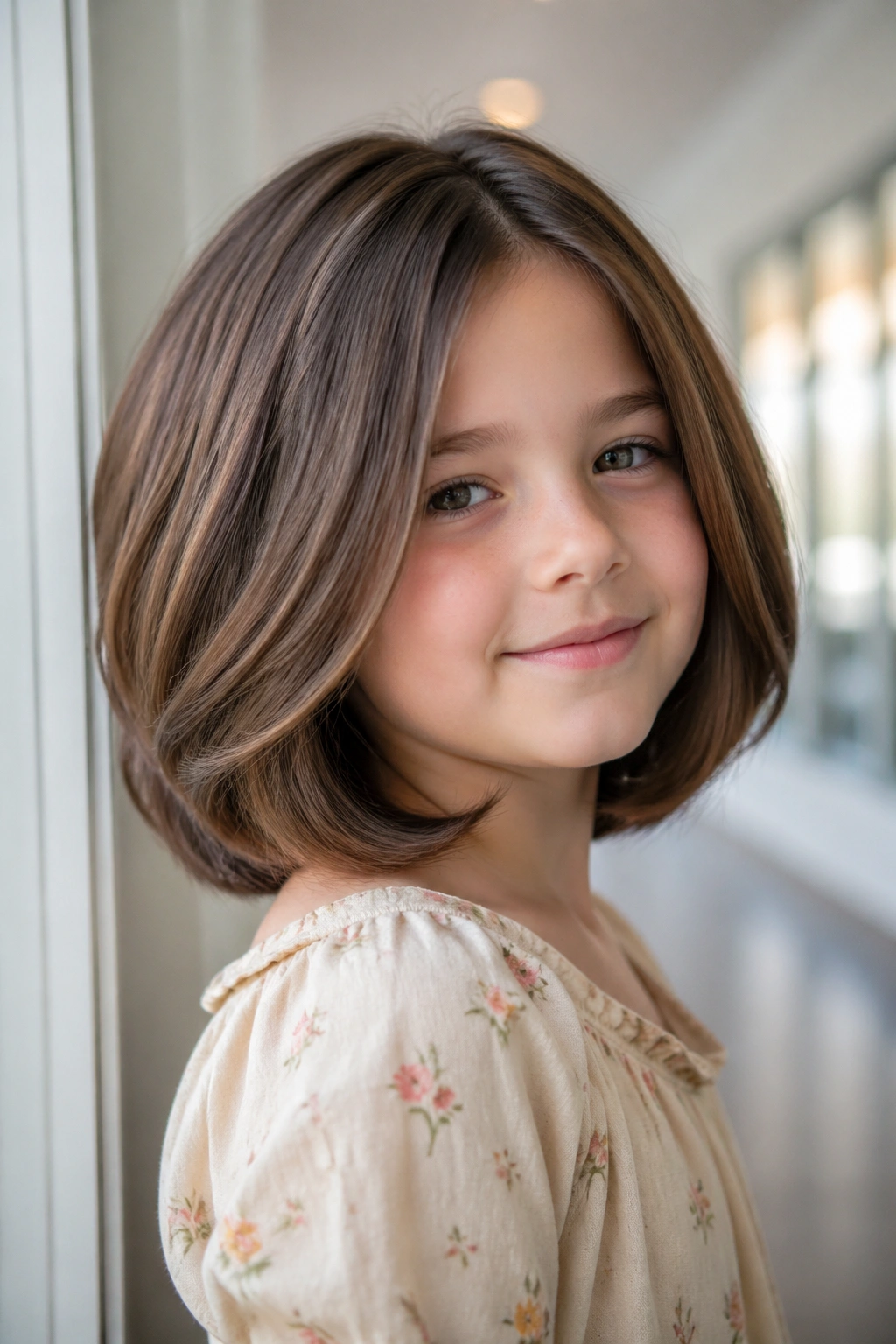 Close-up portrait of a child with a soft layered bob for thick hair