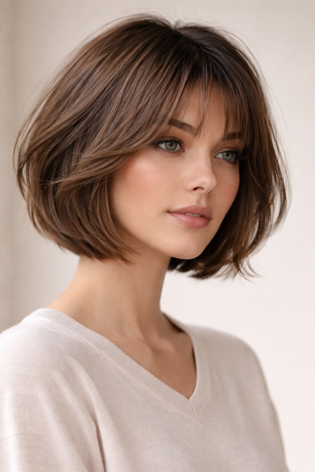 Soft layered bob with bottleneck bangs framed around cheeks