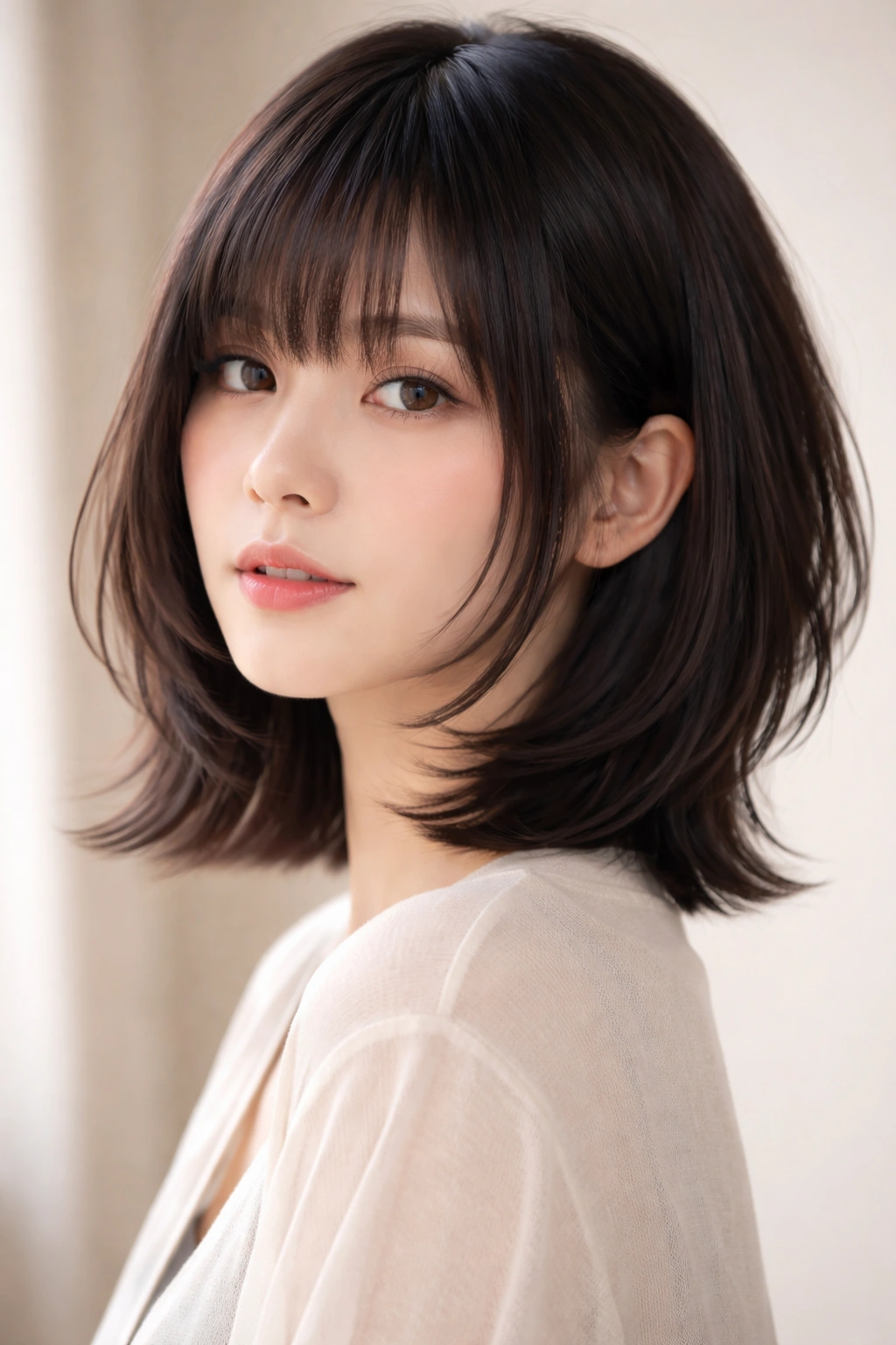 Soft layered hime cut bob with subtle internal layers and fringe.