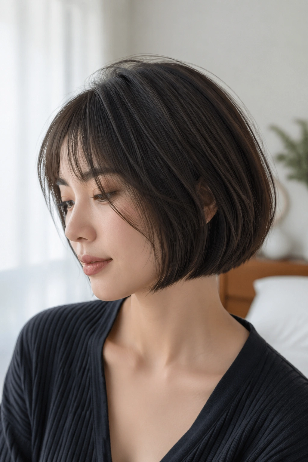 Close-up of a woman with a soft layered Japanese bob for fine hair