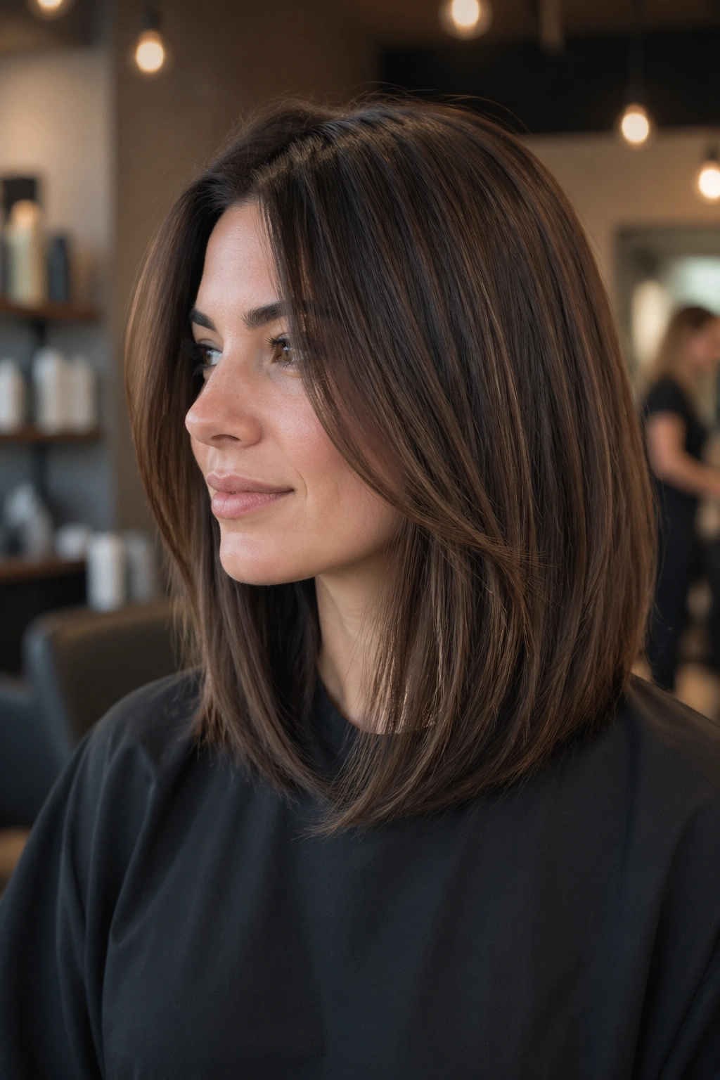 Medium close-up of a real woman with thick straight hair in a soft layered lob