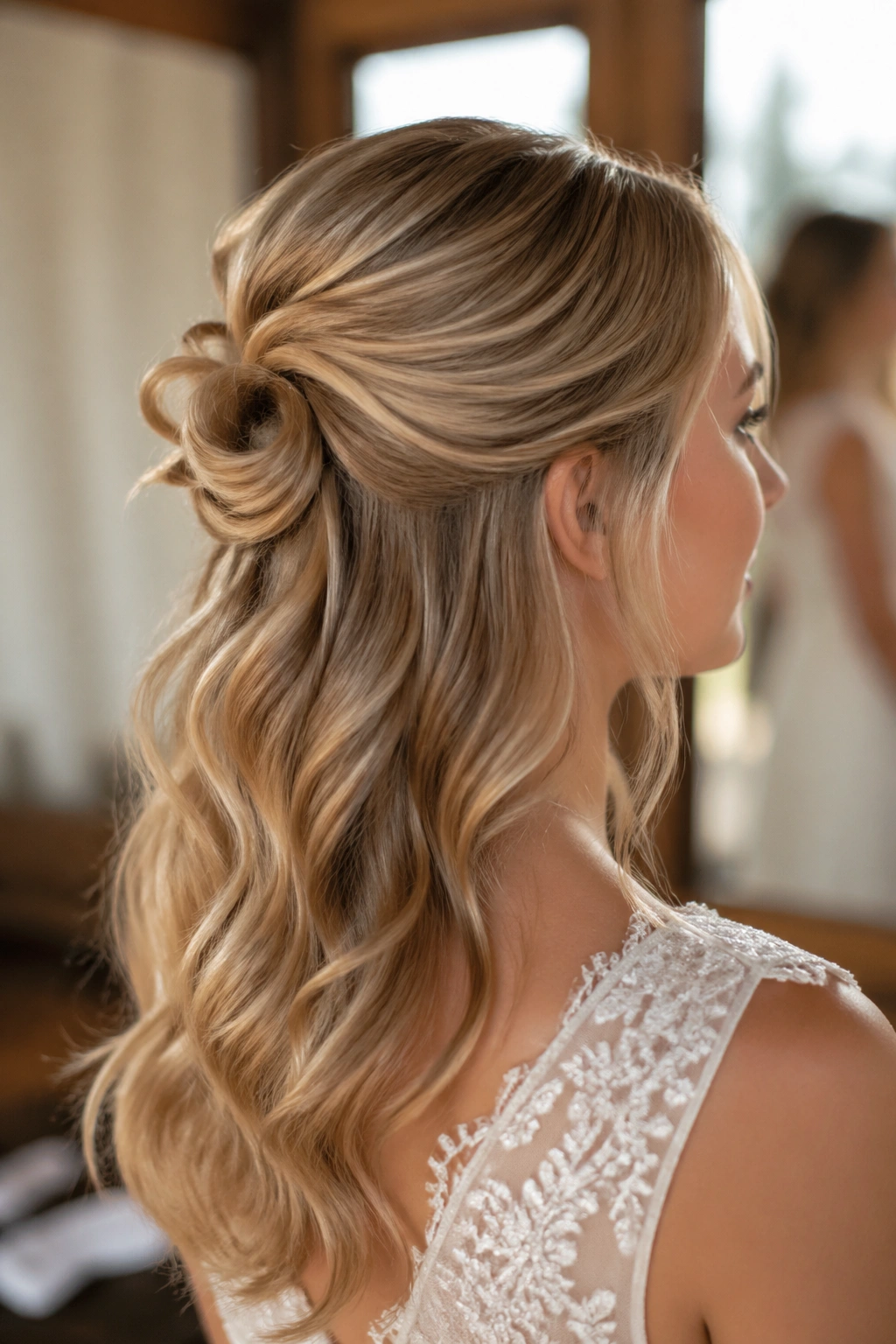 Close-up of a real bride showing a soft loop half-up hairstyle with a graceful loop.