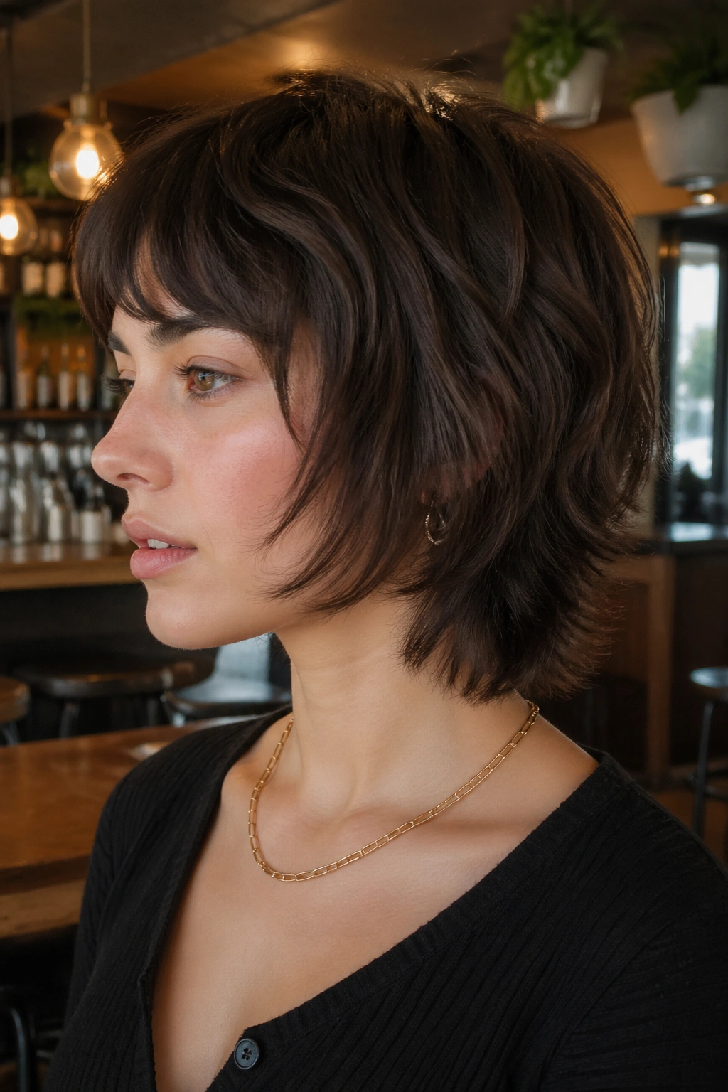 Close-up of a real person with a soft mullet French Bob Wolf Cut in warm cafe lighting