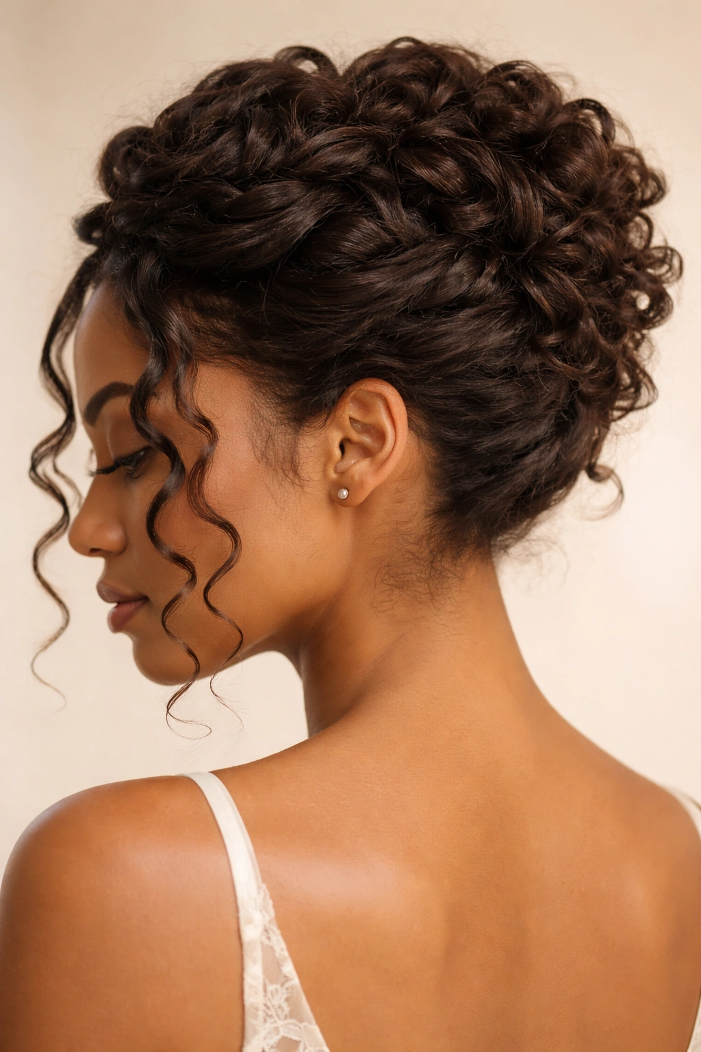 Close-up of soft pin-up twist with layered crown twists and tendrils framing the face