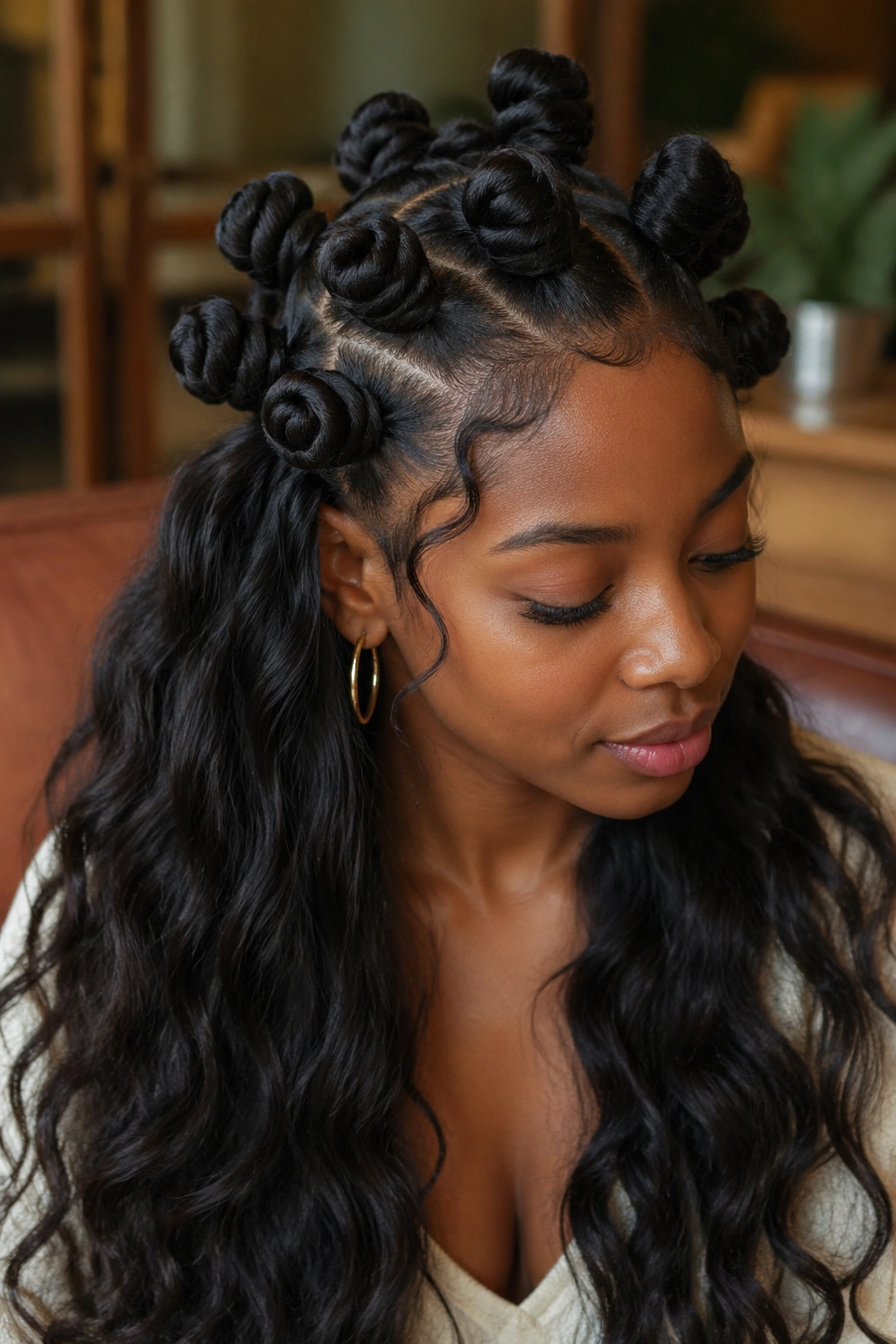 Soft-sculpted romantic Bantu knots on a real person.