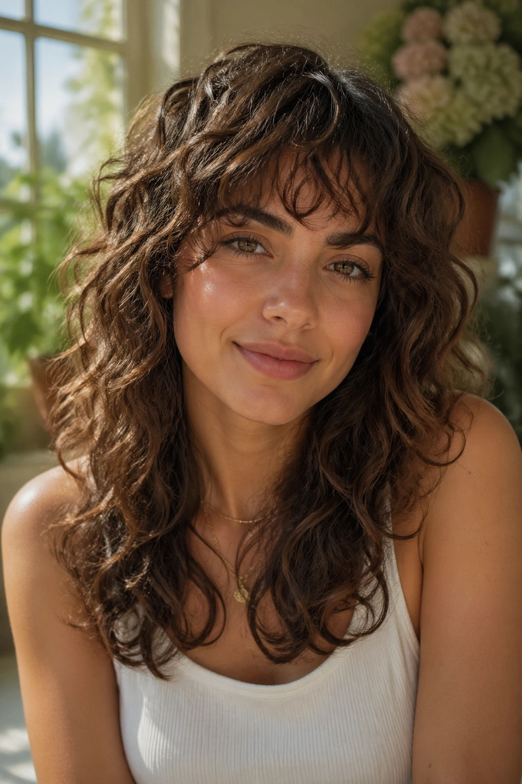 Soft shag on wavy loose curls with long layers, front view