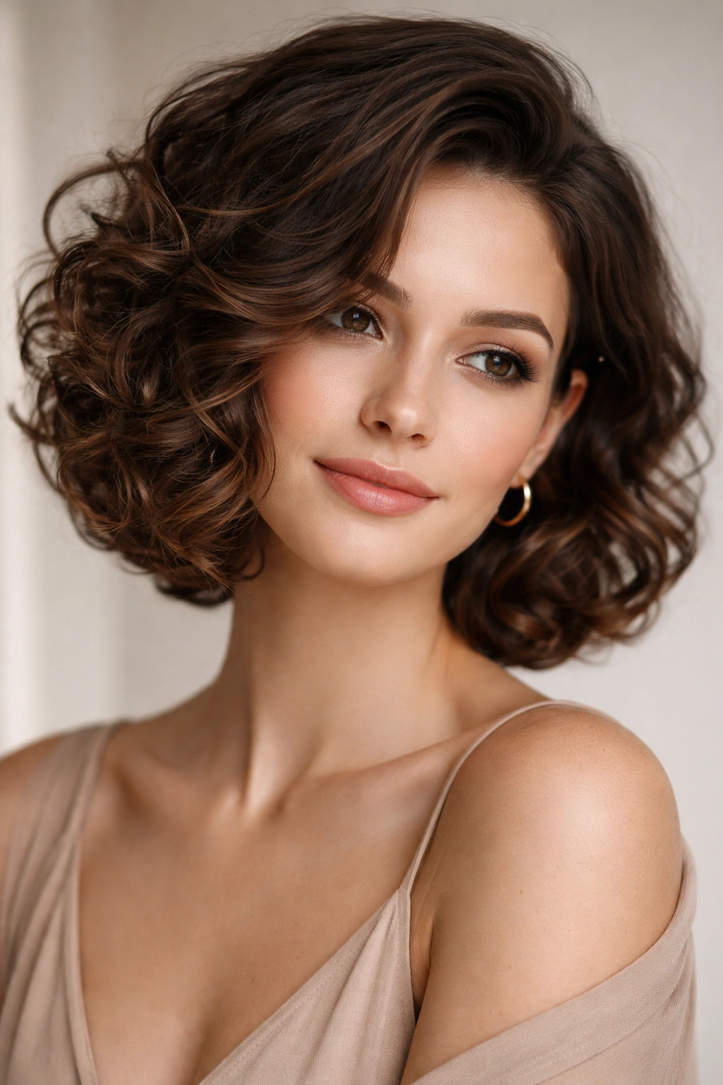 Close-up of a curly bob showcasing a soft side part and crown lift