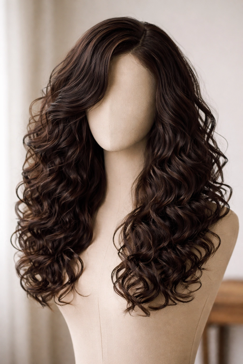Close-up of soft side-part curly half-wig with long layers on a mannequin head.