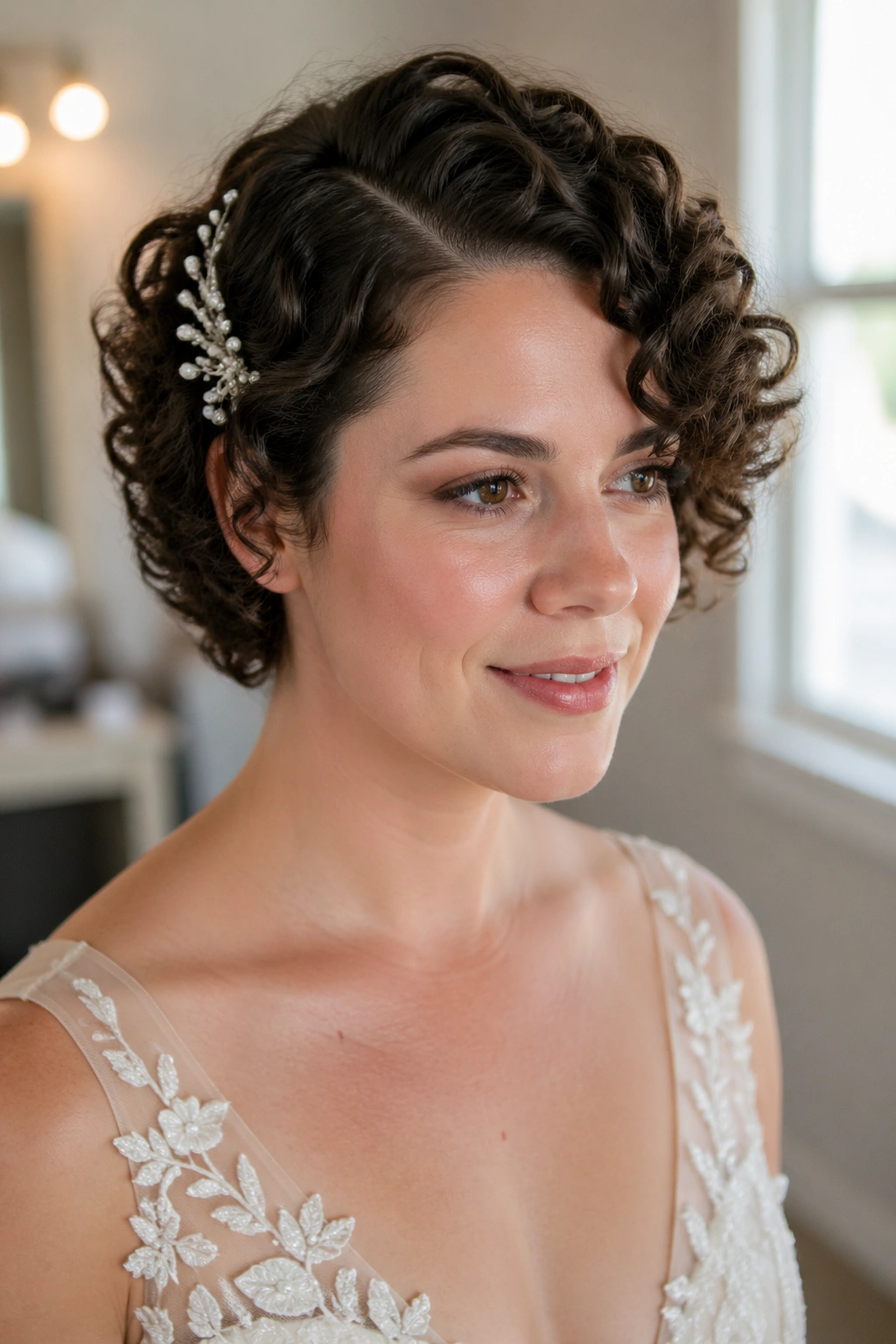 Close-up portrait of a real bride with a soft side part in short curly hair