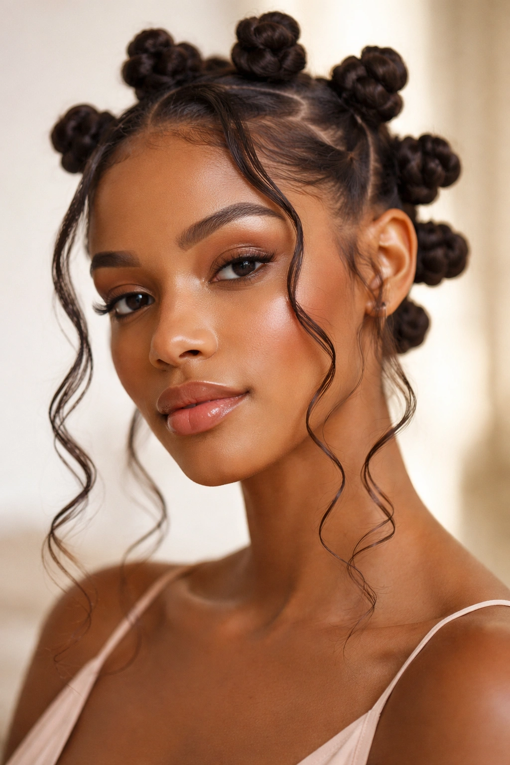 Close-up of soft-rounded small Bantu knots with loose tendrils