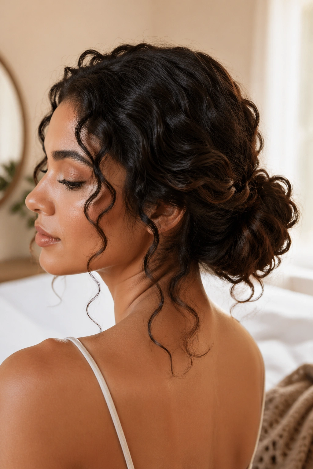 Close-up of a real woman with a soft twisted low bun and visible curls