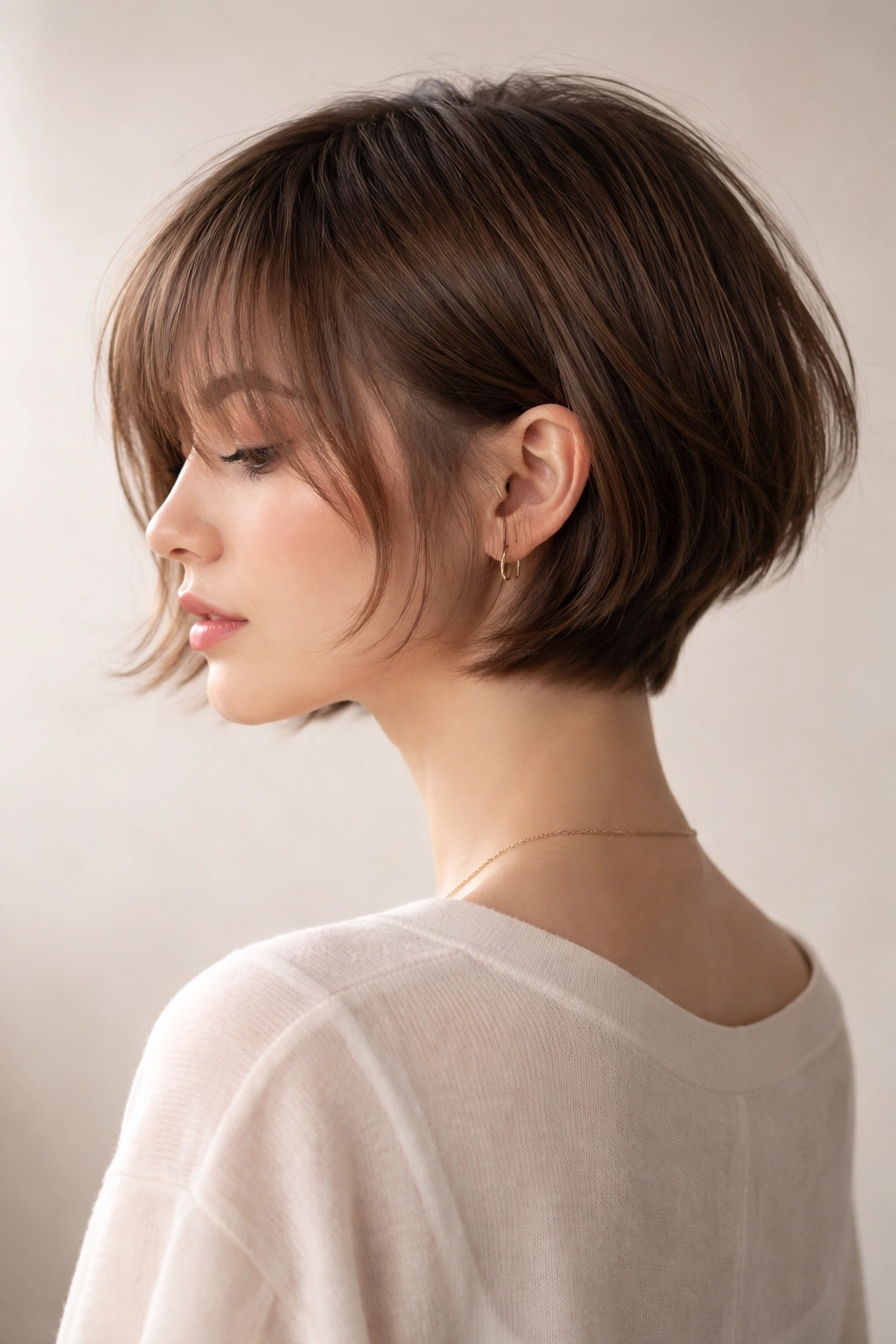 Soft undercut bob with see-through bangs showing top layer over undercut