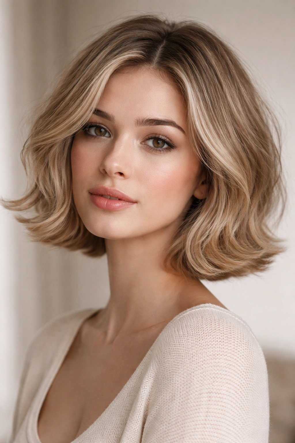 Close-up of a soft wavy flipped bob with relaxed ends and natural shine