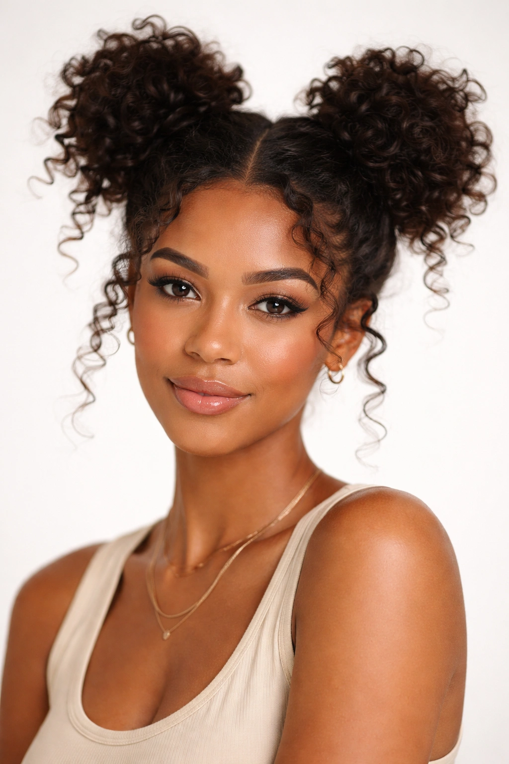 Two high space buns on natural curls with textured ends for a playful look