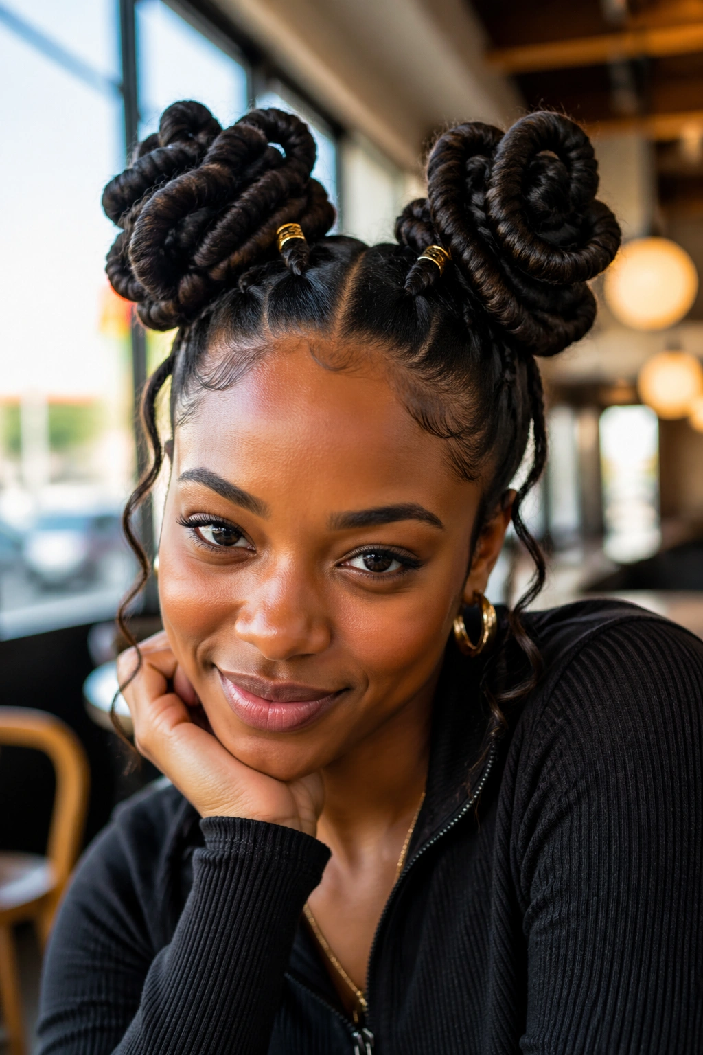 Close-up of real person with two high space-bun flower knots on opposite sides