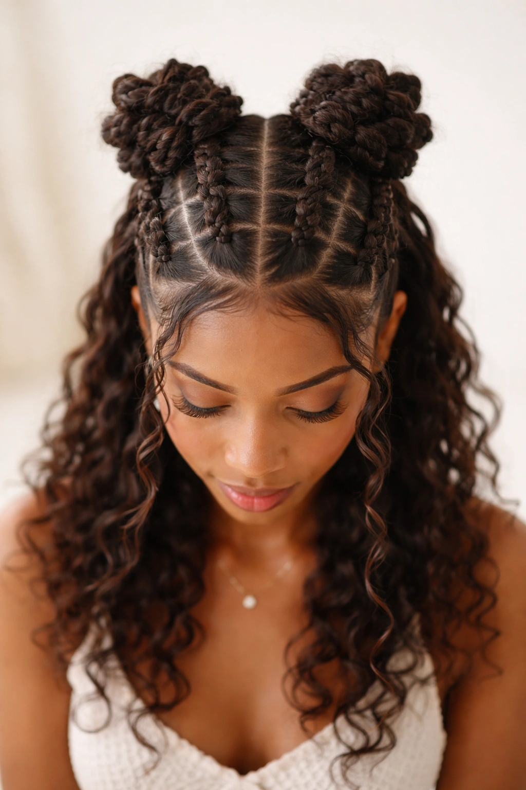 Top view of two rows of space-bun inspired Bantu knots on crown with clear spacing