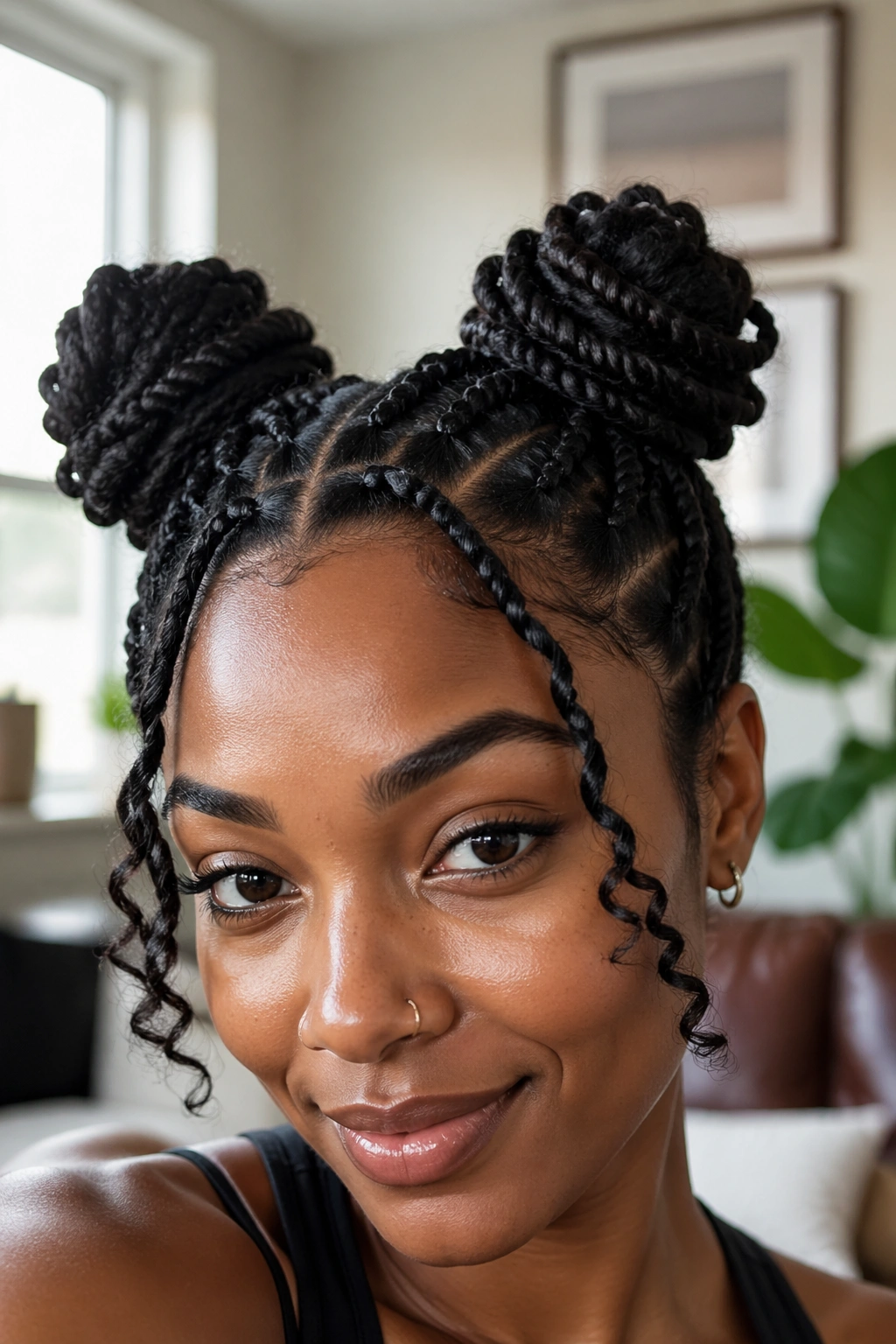 Close-up portrait of a real woman with space bun twists on curly hair