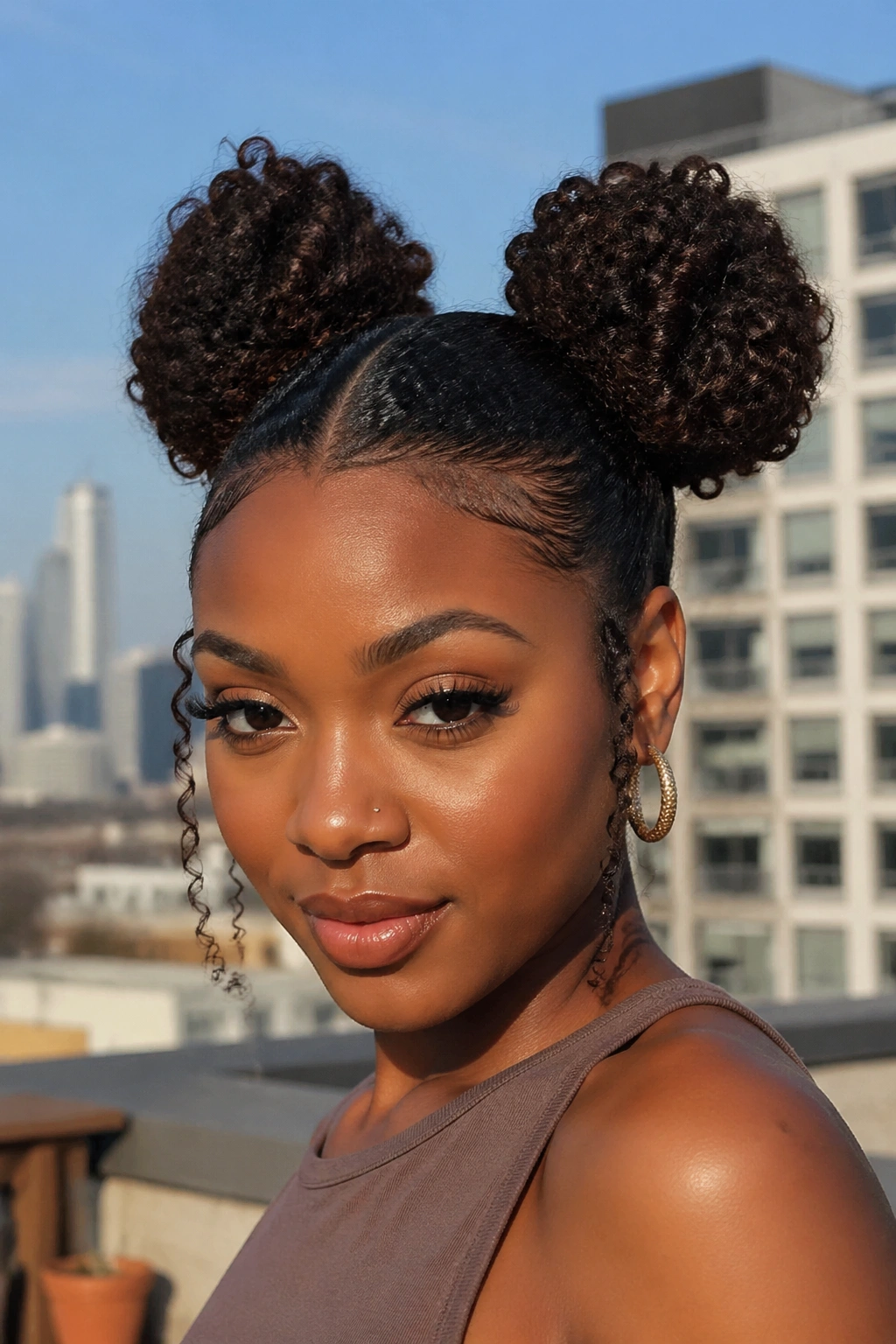 Close-up of a real woman with two space buns on top of her head.