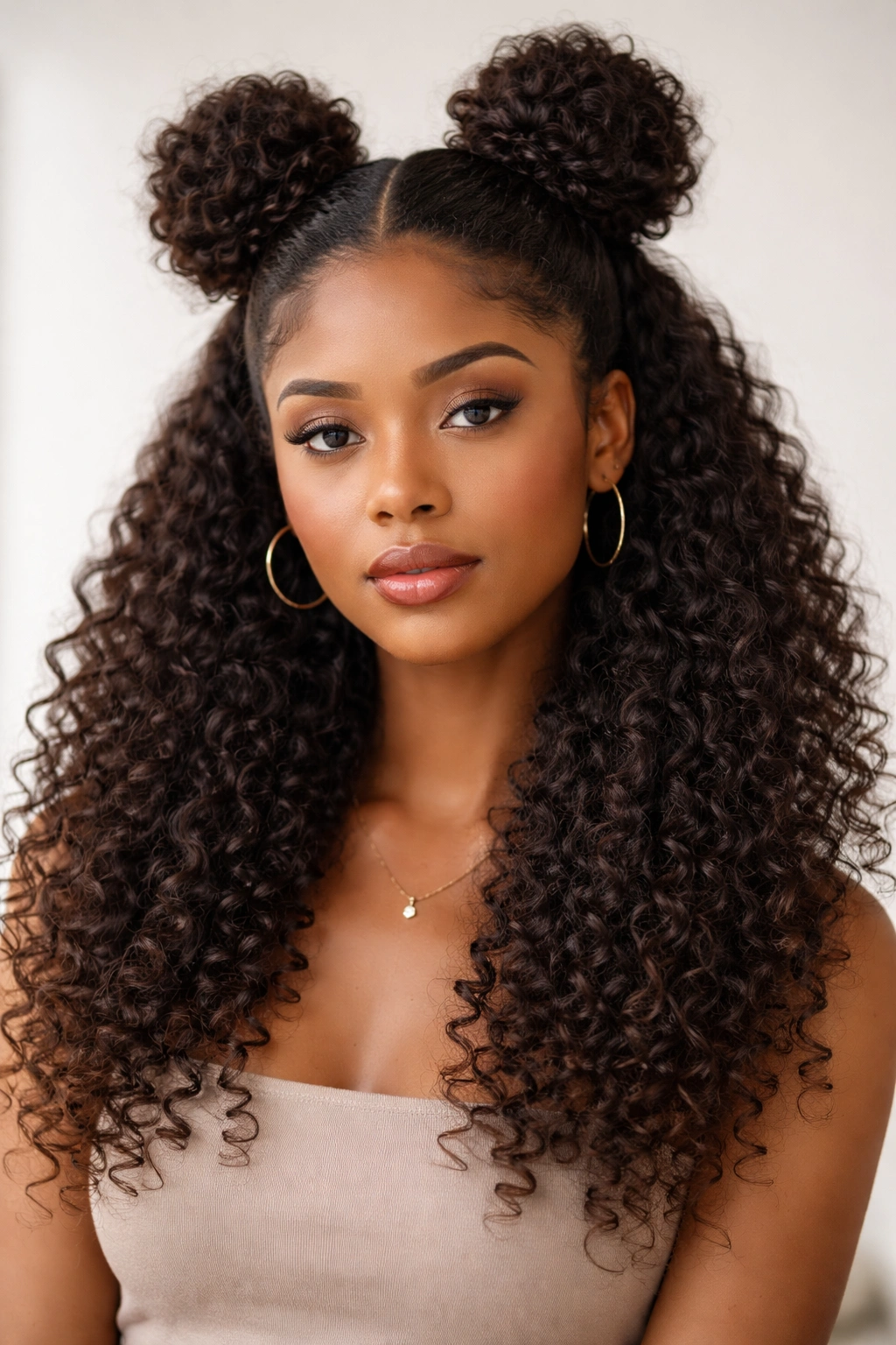 Two high space buns with flowing hair beneath against a neutral backdrop.