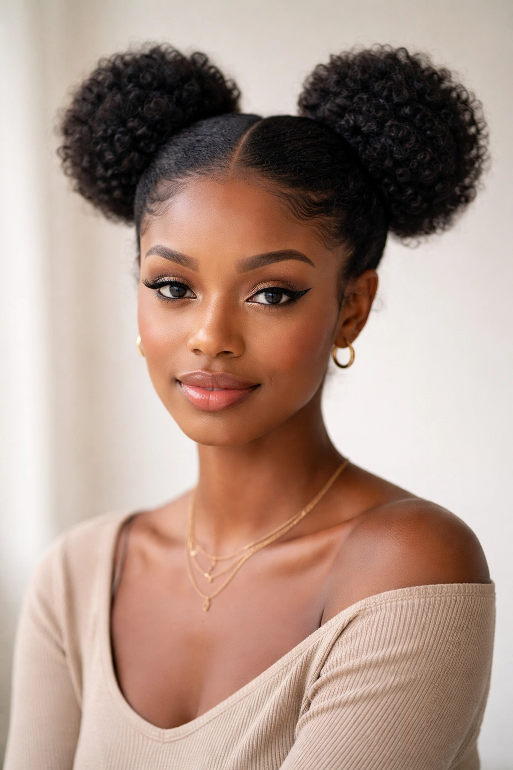Space buns hairstyle with two symmetrical buns on the crown