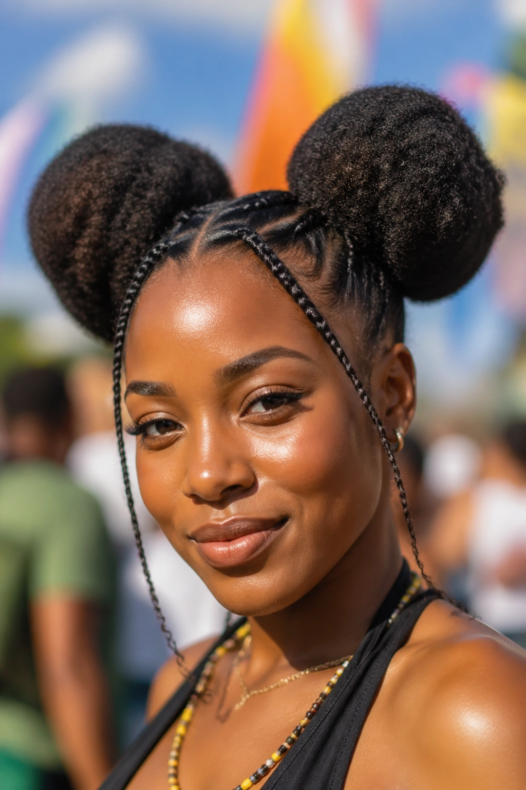 Close-up of a real person with large fluffy space buns outdoors at a festival