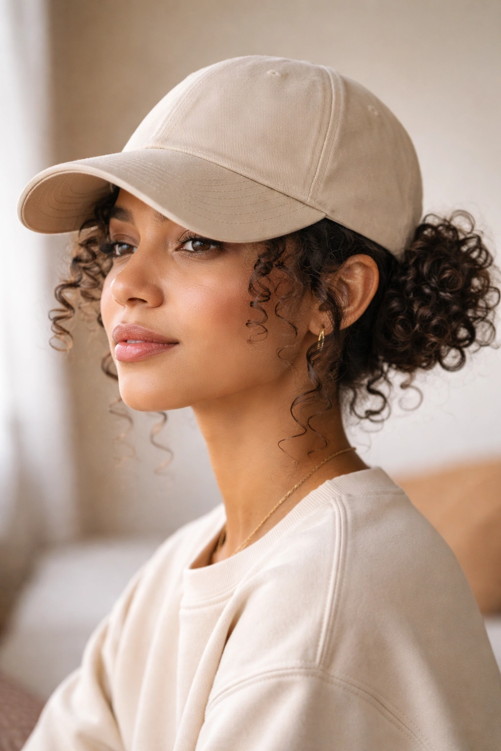Two small space buns visible under a cap with curls peeking out