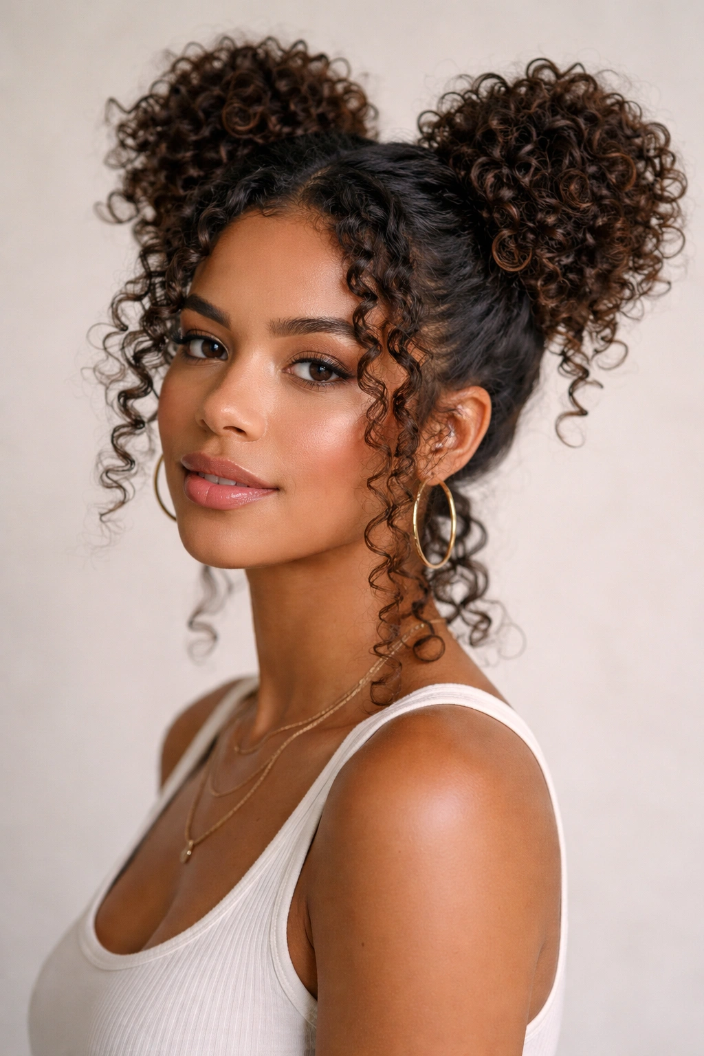 Two loose space buns on curly hair, showing texture and volume
