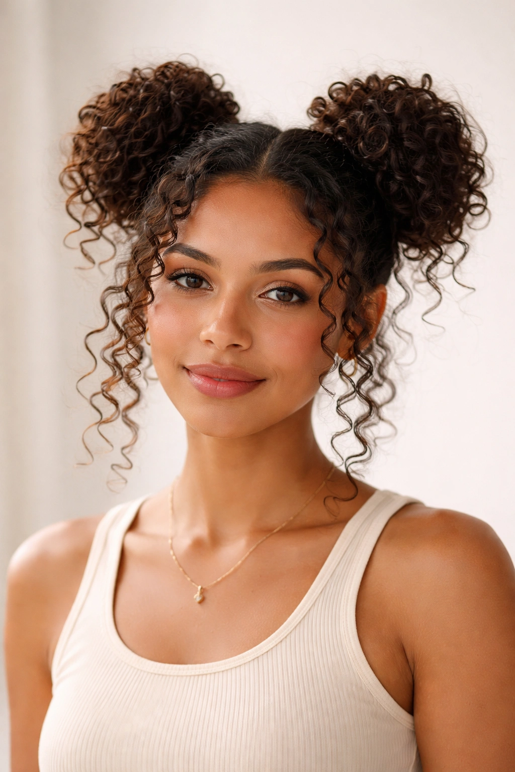 Two space buns above ears with loose curls framing the face