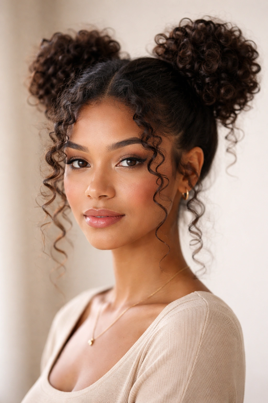 Two high space buns with curled textures and soft face-framing curls.