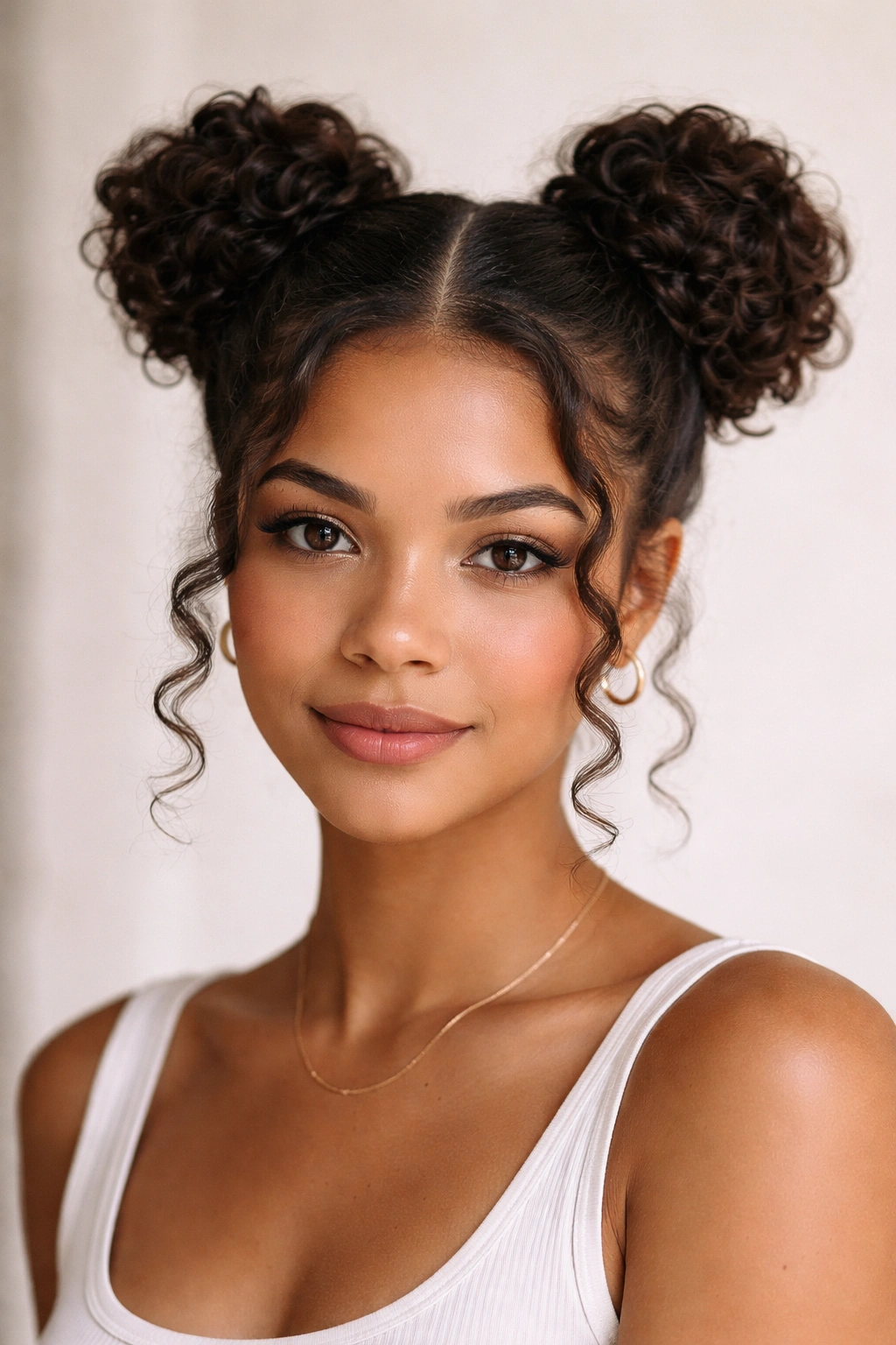 Close-up of a curly hairstyle with two balanced space buns and soft face-framing curls