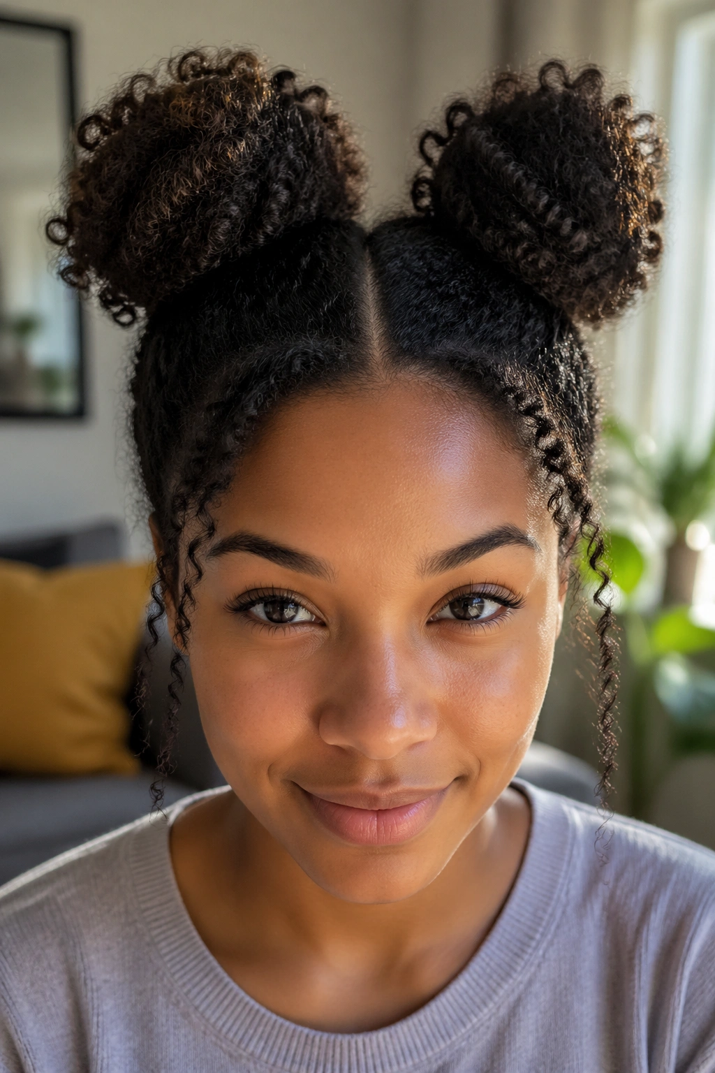 Close-up of a real person with two space buns on top of head