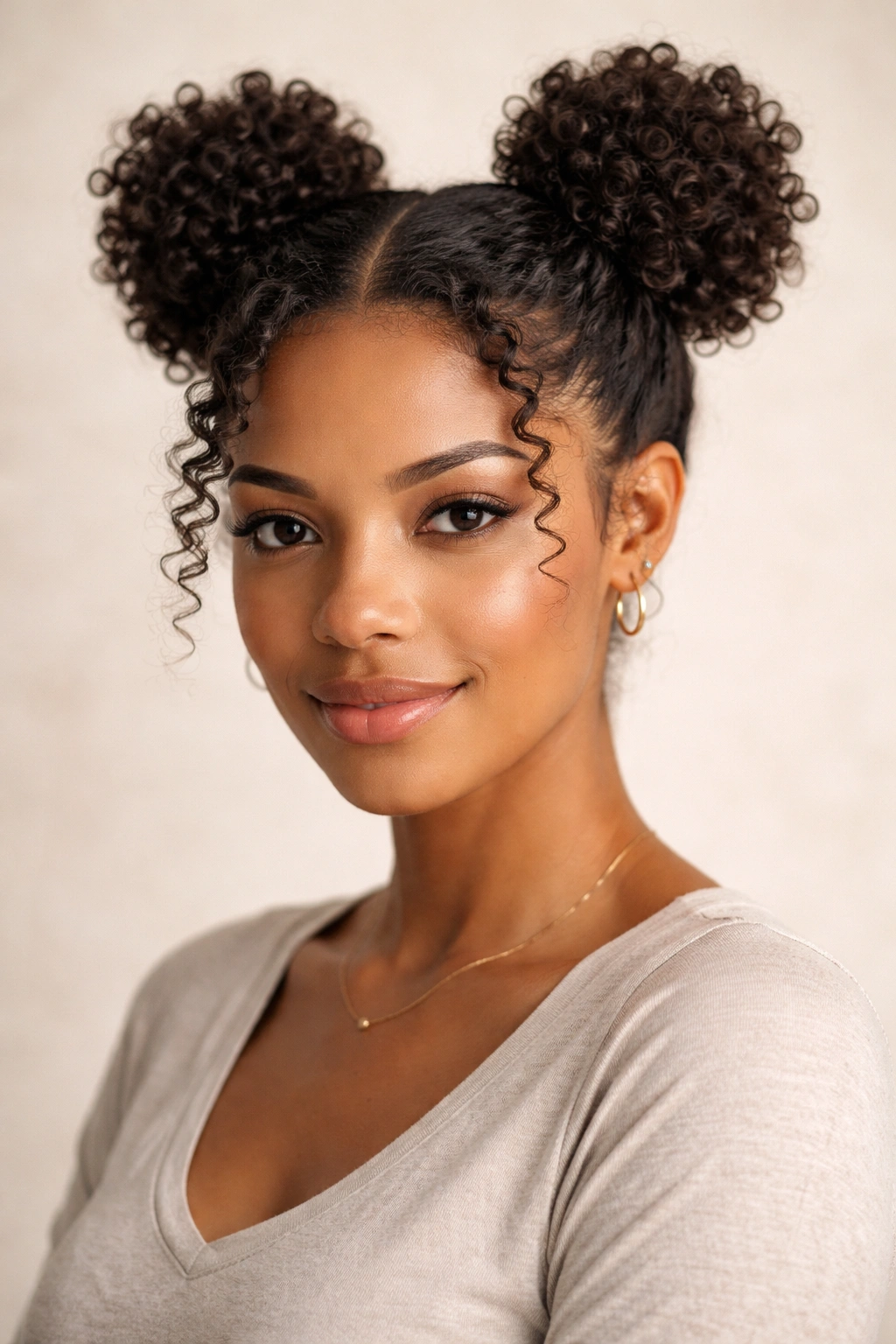 Two space buns on short-to-medium curls with balanced placement