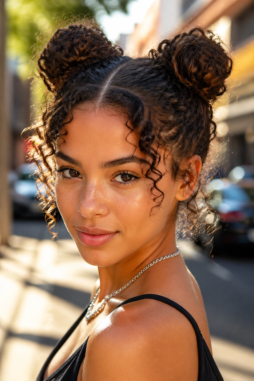 Close-up of a real woman with two space buns on curly hair and a center part