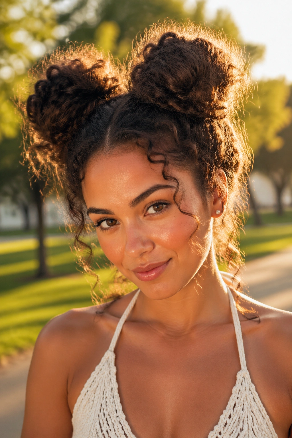 Portrait of a person with two space buns on curly hair in natural light