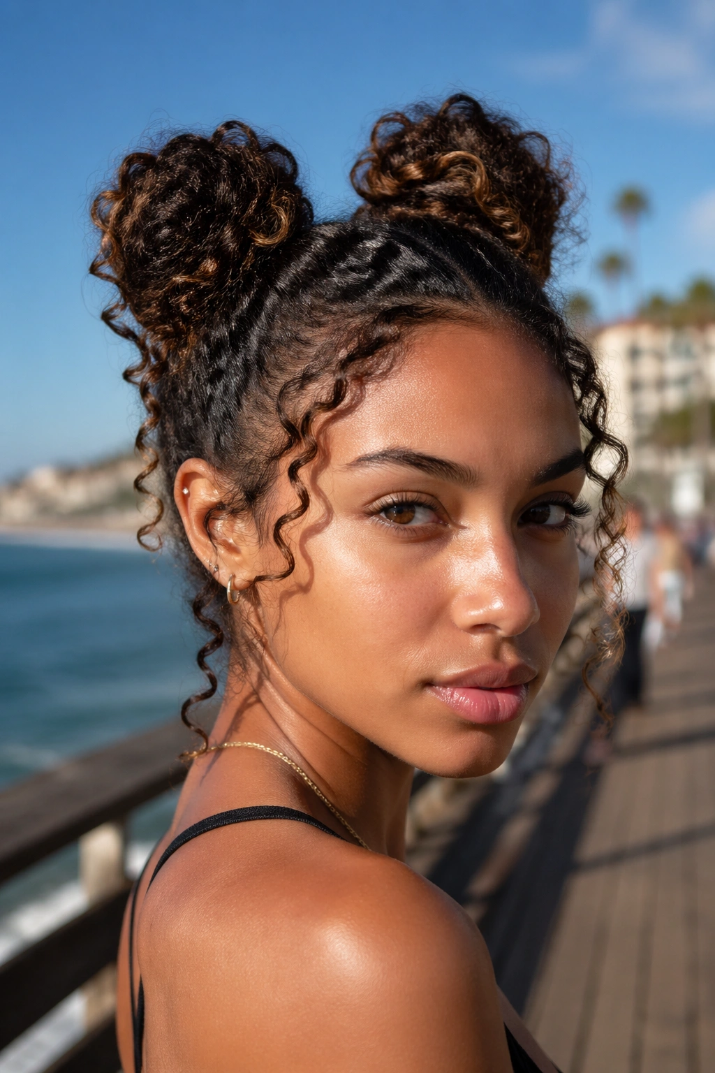 Portrait of woman wearing space buns with curls off the neck on vacation