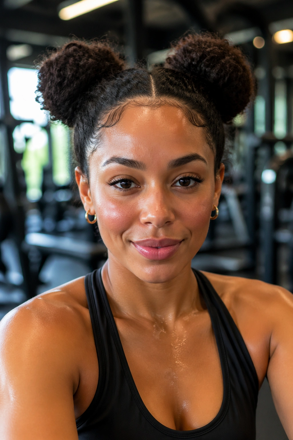 Real woman with space buns distributed weight during workout.