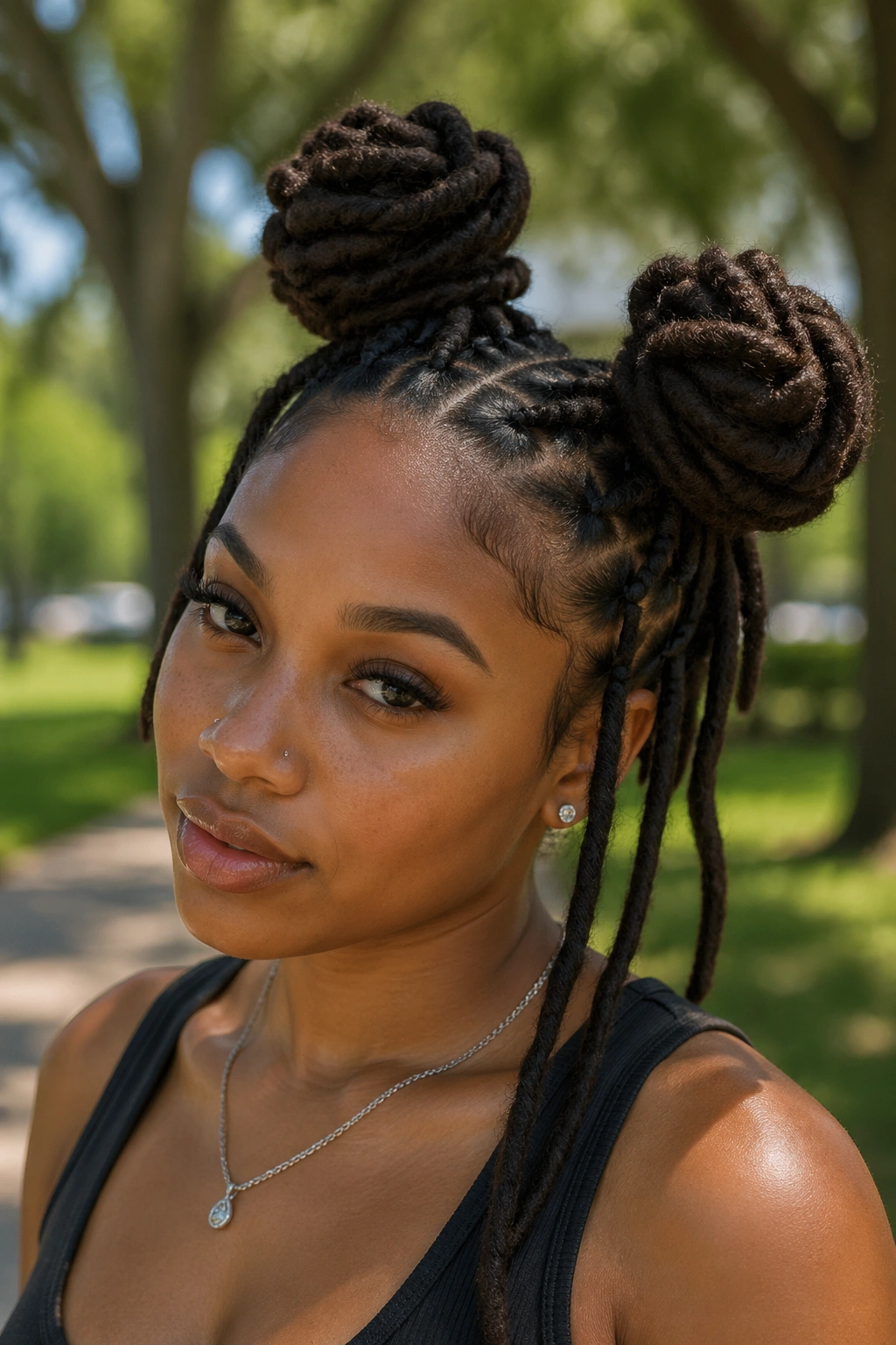 Portrait of a real person with two high space-bun knots on locs