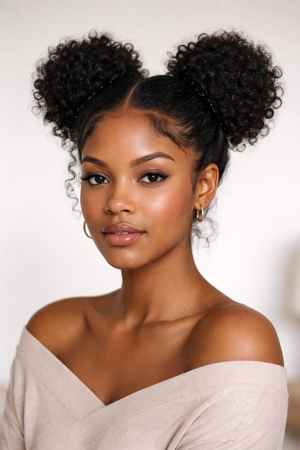 Space buns on natural hair with textured coils