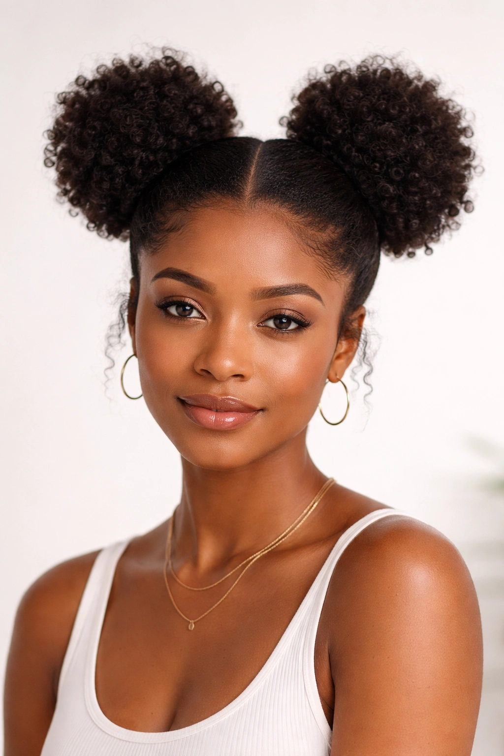 Two space buns on natural hair with a crisp center part.
