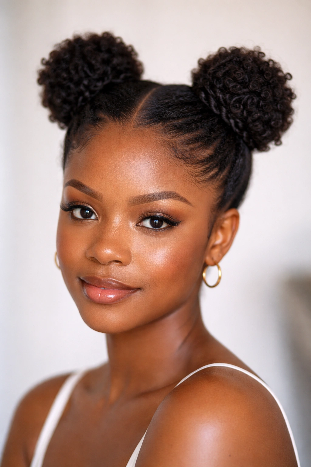 Two tiny space buns on a short natural afro with a middle part