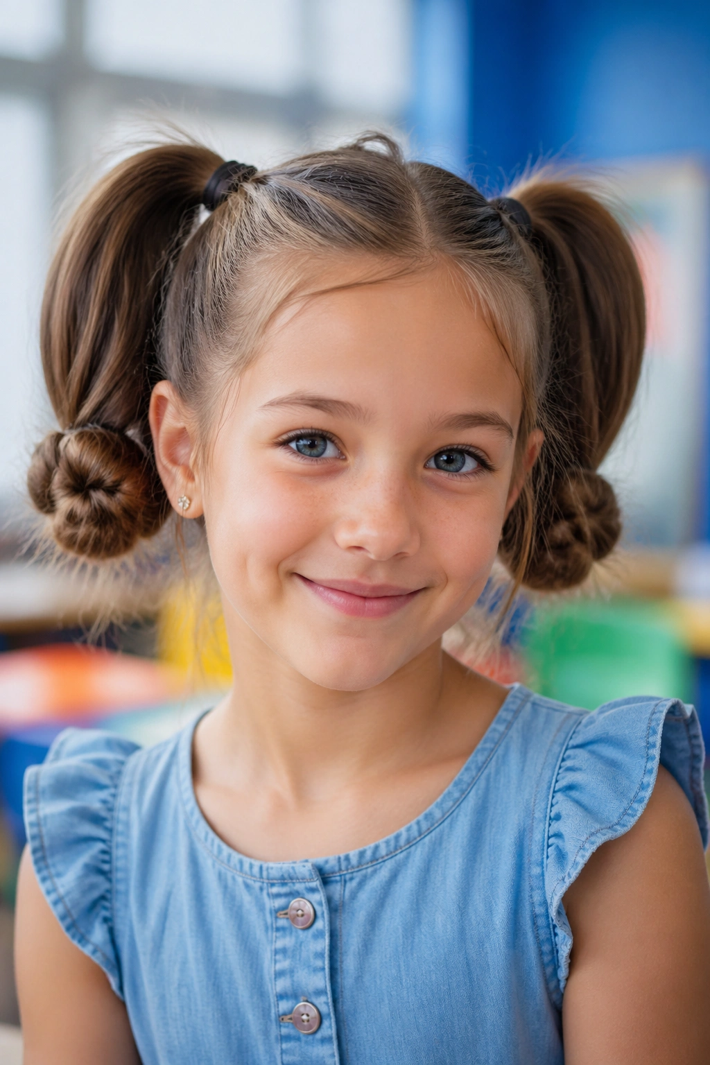 Real girl with space buns at the ends of double ponytails in a colorful classroom