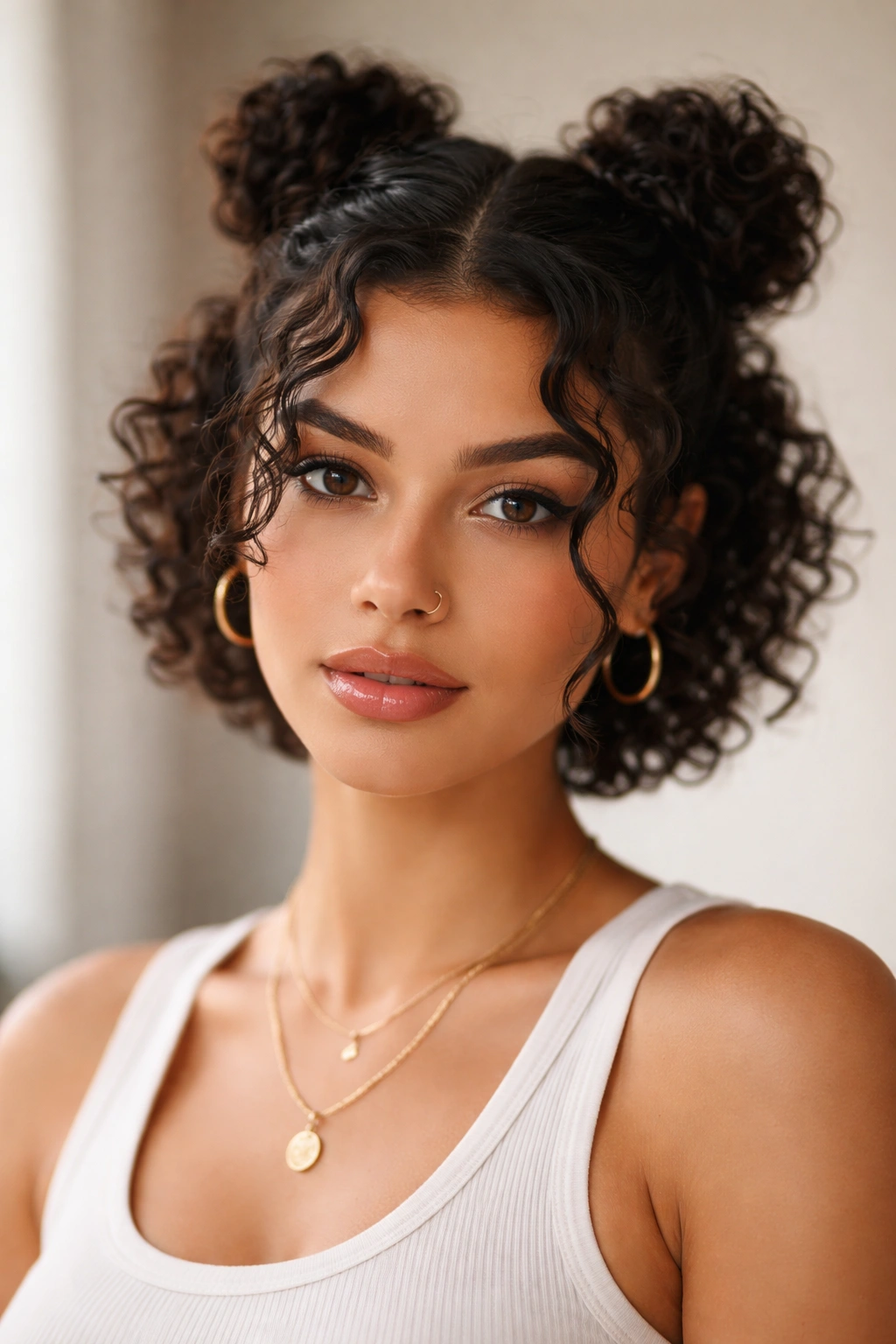 Two mini space buns on short curls with loose front pieces.