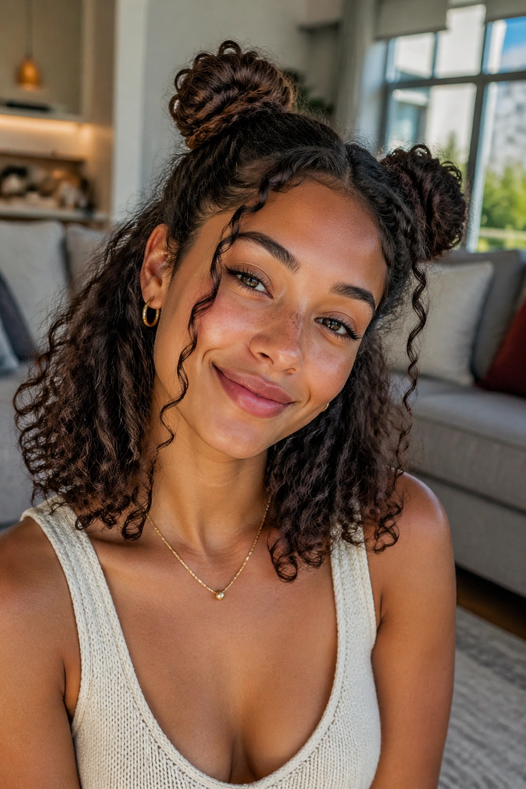 Close-up of a real woman with space buns and soft ends