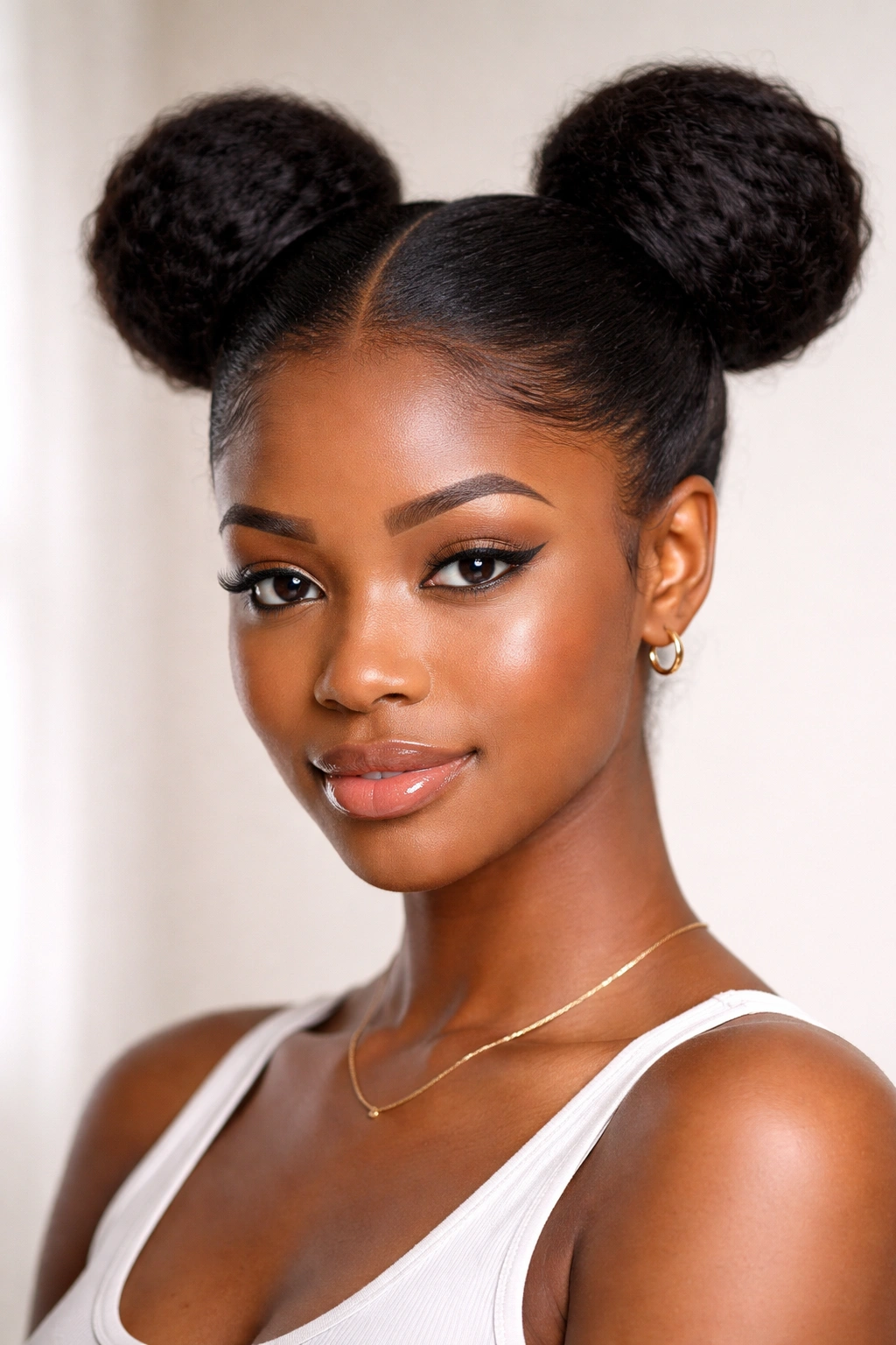 Two space buns on stretched natural hair with center part